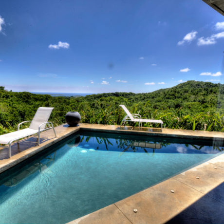 Casa Angular vacation rental villa has a pool with a Caribbean view on Vieques island, Puerto Rico.